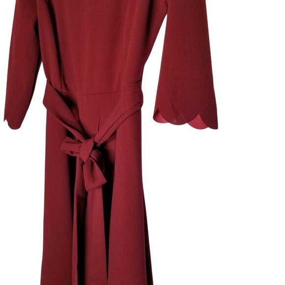 Womens Burgundy Scalloped Neck Long Sleeve Dress Size L Polyester Blend Workwear - Picture 10 of 12